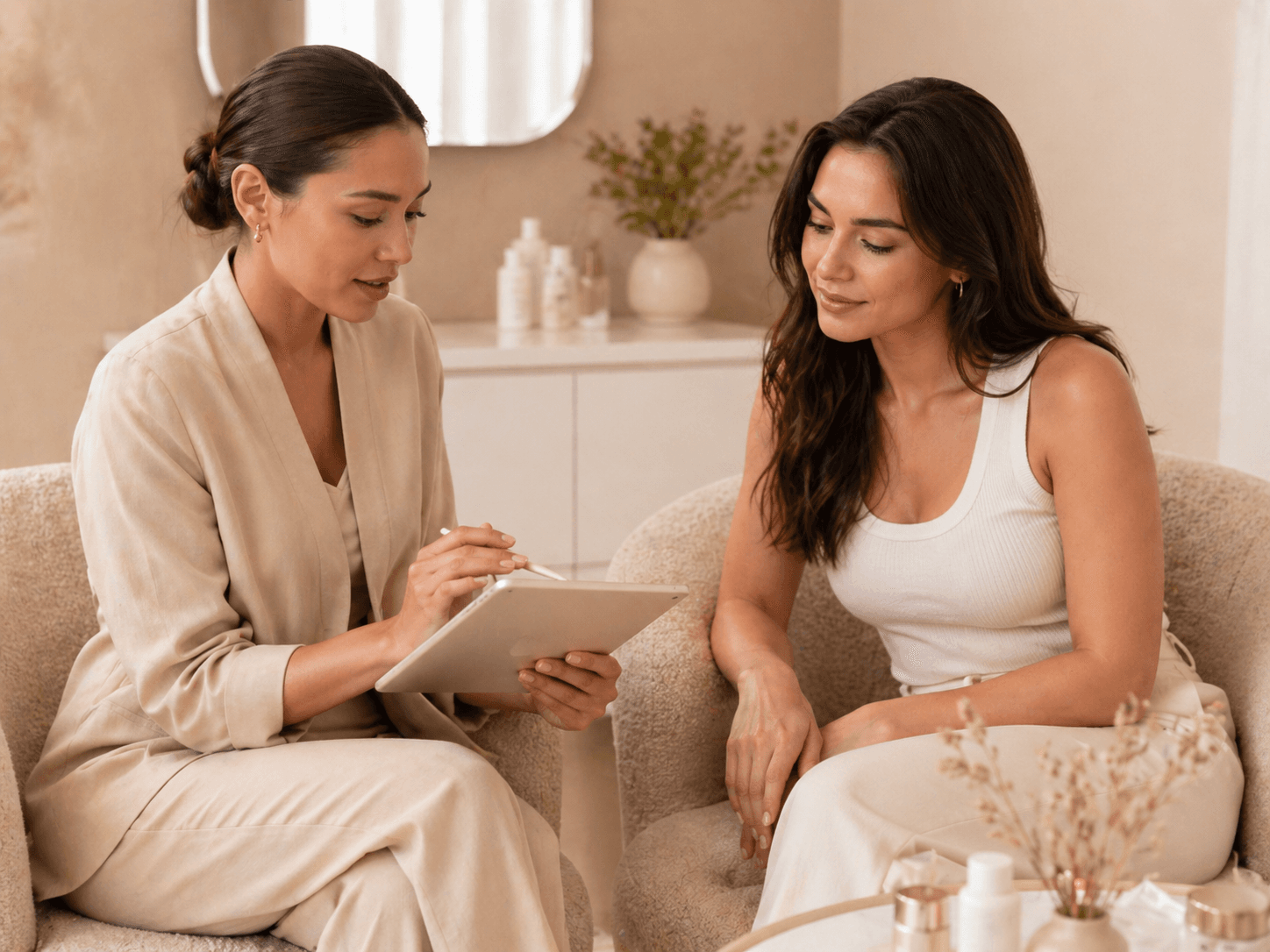 Beauty consultation in a soft studio setting.