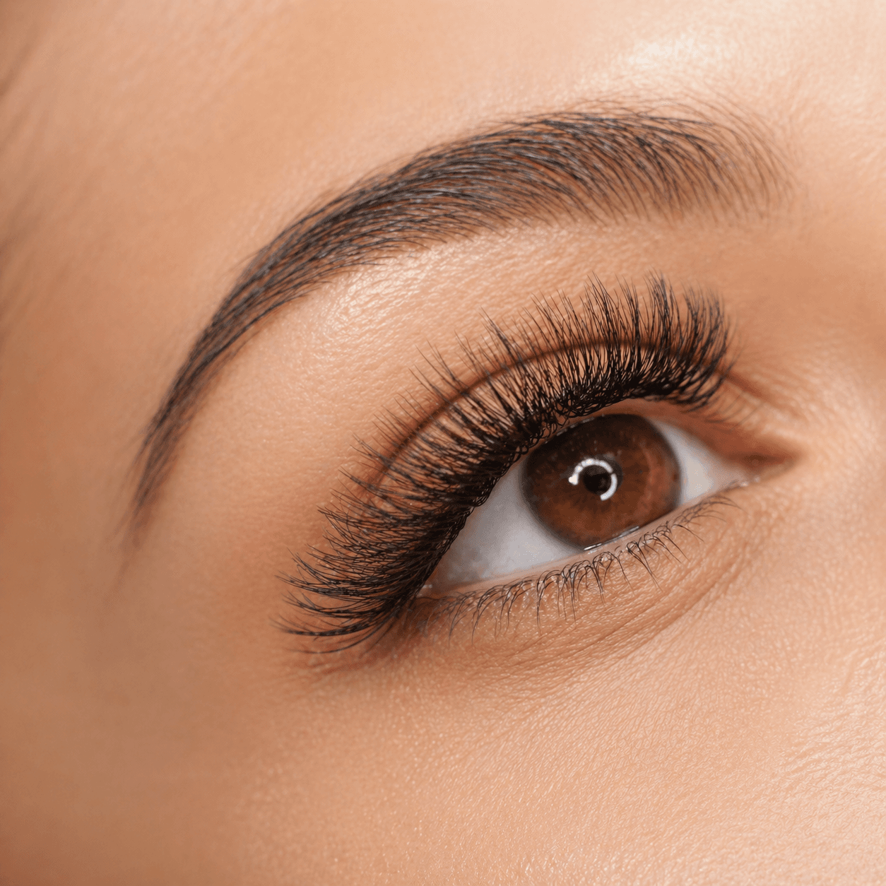Detailed close-up of full lash extensions and brow styling.