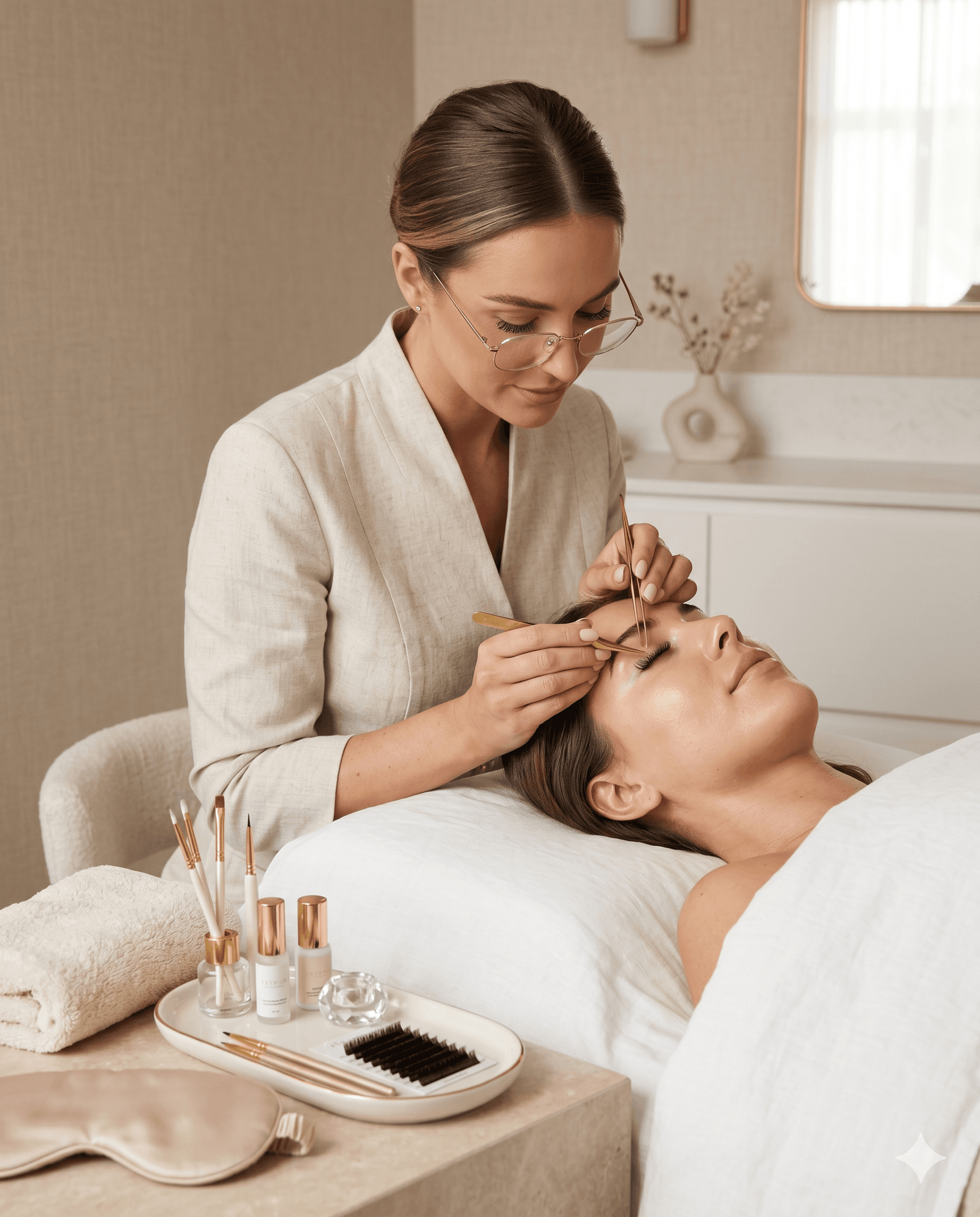 Hybrid lash extension treatment being applied in a calm beauty studio.