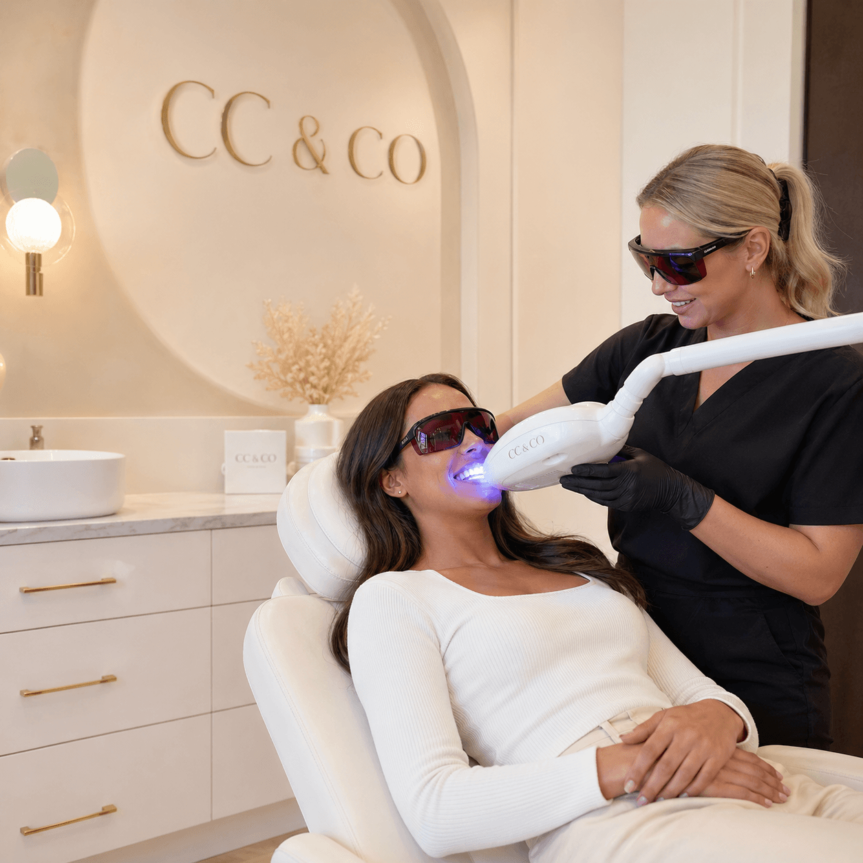 Professional teeth whitening treatment in a beauty studio.